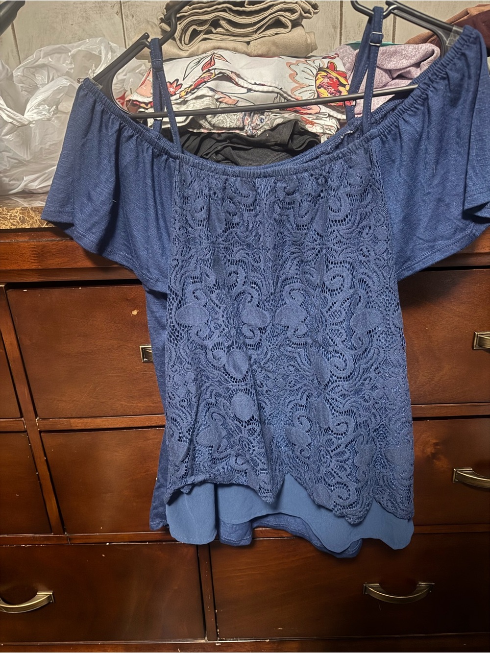Blue Lace Cold-Shoulder Short Sleeve Top with Spaghetti Straps
